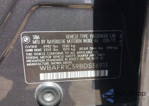 2011 BMW 528I из США, поврежденный, VIN WBAFR1C59BDS36913